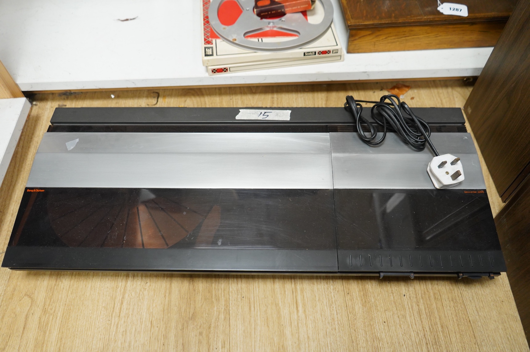 A collection of Bang & Olufsen stereo equipment, including; a Beocentre 2200 together with a pair of the related Beovox X25 speakers, plus a pair of Redline R60 floor standing speakers with their stands, and a pair of Be